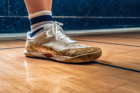 A racquetball player's shoes skidding across the court, the scuff marks left behind telling a tale of an intense matchの素材