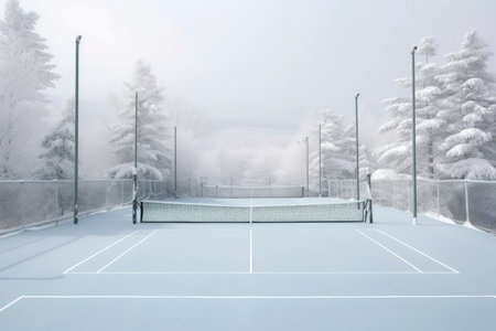 A tennis court blanketed in winter snow, offering a contrasting serene sceneの素材
