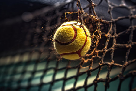 A tennis ball hitting the net, capturing the moment of suspense in a matchの素材