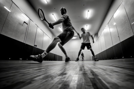 A snapshot of a decisive moment in a racquetball game, when the player's racquet makes the perfect shotの素材