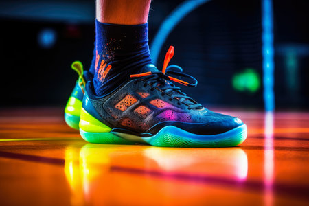 The colorful soles of a racquetball player's shoes in mid-run, adding a vibrant element to the intense gameの素材