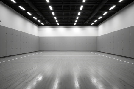 A moody black and white image of an empty racquetball court, evoking a sense of calm before the stormの素材