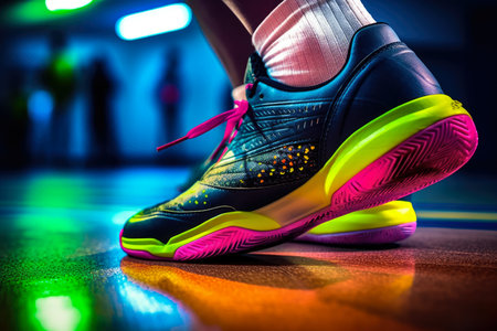 The colorful soles of a racquetball player's shoes in mid-run, adding a vibrant element to the intense gameの素材