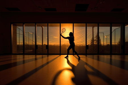 A racquetball player in silhouette, illuminated by the setting sun streaming through the court's windows, capturing a tranquil momentの素材