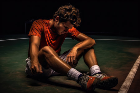 A tennis player exhausted after a long match, symbolizing perseverance and determinationの素材
