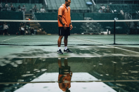 Tennis player reflecting in the rain-soaked court surface, creating a dramatic mirror imageの素材