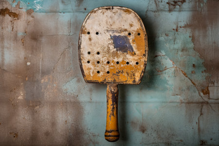 A worn pickleball paddle with the marks of many games, evoking a sense of nostalgiaの素材