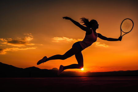 A female tennis player in action, showing strength and agility in the backdrop of a vibrant sunsetの素材