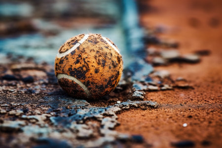 Closeup of a weathered pickleball on a clay courtの素材
