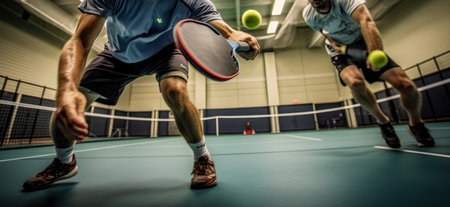 Intense pickleball match captured from a low-angle perspectiveの素材