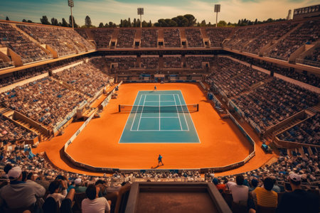 High angle view of a tennis game in full swing, capturing the dynamic energy of the sportの素材