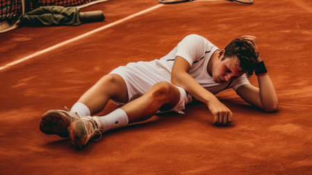 A tennis player exhausted after a long match, symbolizing perseverance and determinationの素材