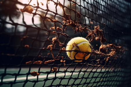 A tennis ball hitting the net, capturing the moment of suspense in a matchの素材