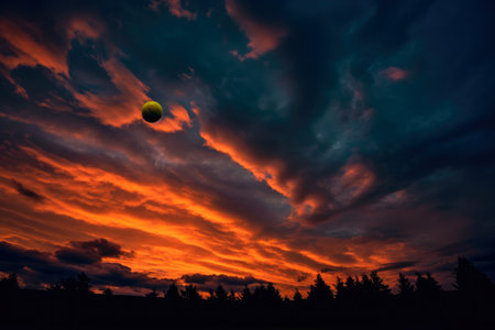 Tennis ball soaring in the air, silhouetted against a dramatic sky during twilightの素材
