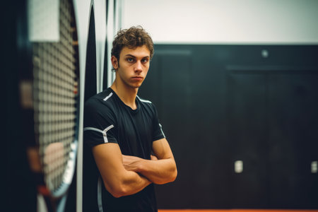 A racquetball player in deep thought before the match, showing the mental aspect of the sportの素材