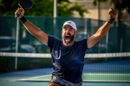 Pickleball player captured in the moment of victory, arms raised in joyの素材