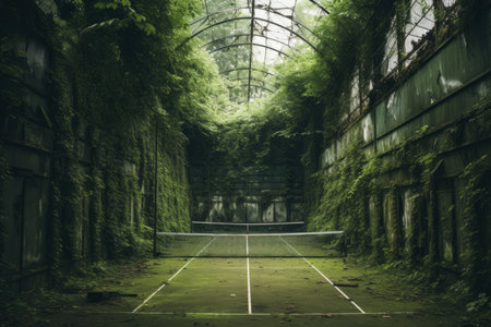 An old tennis court overgrown with nature, representing the passage of timeの素材