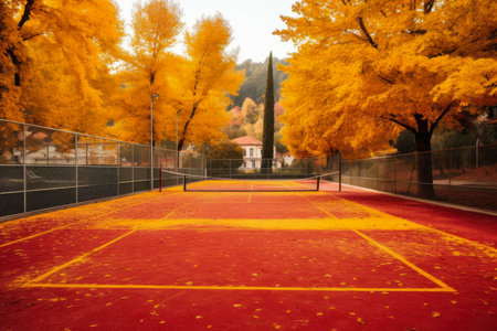 The vibrant colors of a tennis court during autumn, creating a beautiful contrastの素材