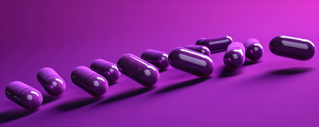 Panoramic image of simple, minimalist pharmaceutical capsules against a radiant, vibrant purple backdropの素材
