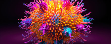 Vibrant 3D representation of a virus particle in bright colorsの素材