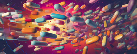 Colorful pharmaceutical pills tumbling in an abstract space, symbolizing medication useの素材