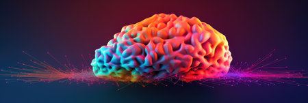 abstract panorama of a stylized human brain made from digital pixels, against a vibrant gradient background, symbolizing neurologyの素材