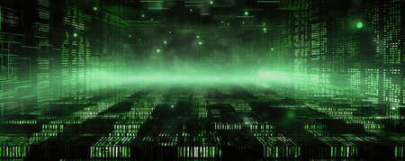Panoramic view of a digital matrix falling code in a monochromatic green toneの素材