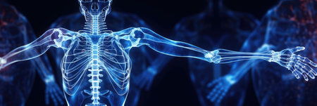 abstract rendering of a human skeleton glowing against a deep blue background, interconnected with digital nodes, representing orthopedicsの素材