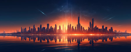 Sleek lines and subtle gradients creating a minimalist panorama of a futuristic technological landscapeの素材