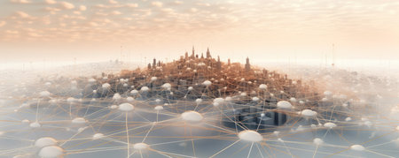 A panoramic view of interconnected nodes forming a minimalist representation of the digital ecosystemの素材