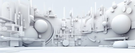 A minimalist panorama featuring white abstract shapes inspired by technological circuitry, evoking a sense of innovationの素材