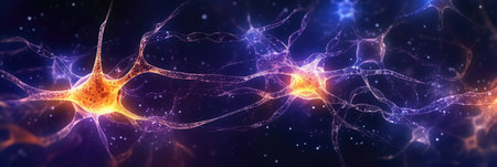 abstract panorama of a digital neuron network, glowing brightly against a dark background, illustrating neurologyの素材