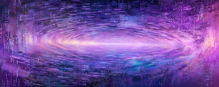 Wide, panoramic representation of a flowing binary code stream in a vibrant, neon lavender hueの素材