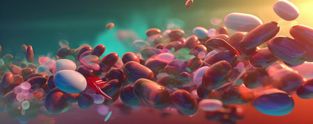 Wide-screen illustration of stylized pharmaceutical pills tumbling in an abstract spaceの素材