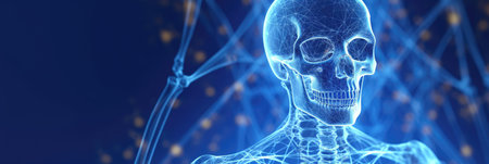 abstract rendering of a human skeleton glowing against a deep blue background, interconnected with digital nodes, representing orthopedicsの素材