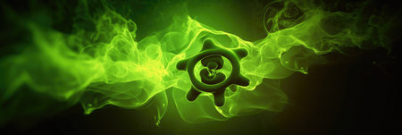 Abstract image of a biohazard symbol emitting a glowing green light, symbolizing toxicology and public health, against a dramatic dark backgroundの素材