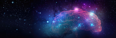 panoramic wallpaper depicting a minimalist brain silhouette filled with a starry night sky, against a tranquil gradient background, symbolizing neurologyの素材