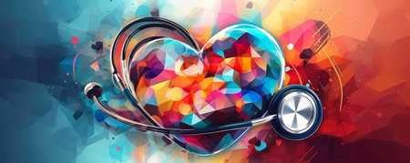 Stylized stethoscope in the shape of a heart on a pulsating, colorful backgroundの素材