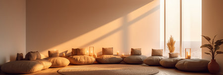 Panorama of a serene meditation room in a wellness center with comfortable cushions, warm lighting, and minimalist decorの素材