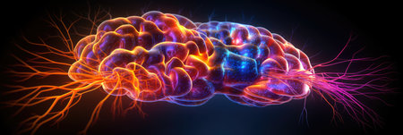 Panorama of a digital human brain model showing active neural pathways glowing in vibrant colors against a dark backgroundの素材