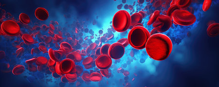 Abstract panoramic visualization of stylized, minimalist red blood cells against a vivid, electric blue backgroundの素材