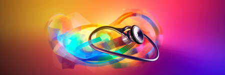 simplified panorama depicting a stylized stethoscope, against a vibrant gradient background, symbolizing general medicineの素材