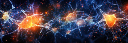 abstract panorama depicting a network of interconnected neurons, set against a backdrop of a stylized brain, symbolizing neuroscienceの素材