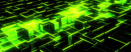 Panoramic representation of a minimalistic technology pattern in striking, neon lime tonesの素材