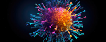 Vibrant 3D representation of a virus particle in bright colorsの素材