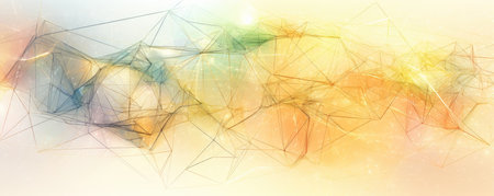Abstract panoramic display of a stylized digital network, presented as interconnected nodes in soft, pastel lemon huesの素材