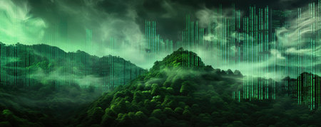 Wide panorama of a digital data stream flowing in a monochromatic green toneの素材