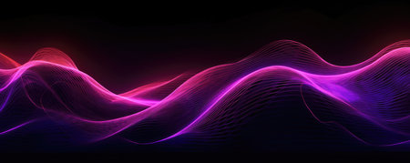 Panoramic view of a stylized digital wave, depicted in radiant, neon orchid tones against a deep black backgroundの素材