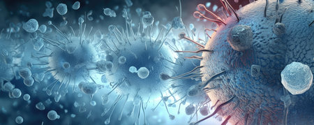 Wide-screen illustration of stylized virus particles in icy blue and white tonesの素材