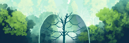 Simplified panorama of a human lung silhouette filled with verdant greenery, symbolizing lung health on a vibrant backgroundの素材